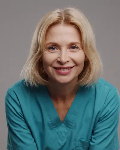 AI example made from that photo: the same woman in teal scrubs on a gray background