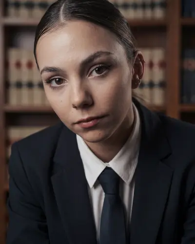 AI example made from that photo: the same woman in a suit and tie in front of law books