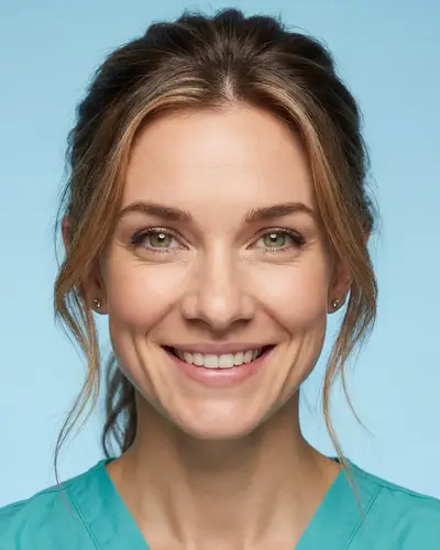 AI example made from that selfie: the same woman in teal scrubs on a light blue background